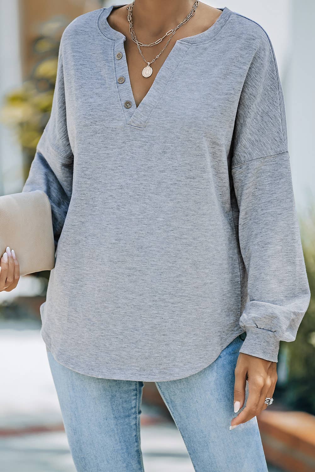 Shiying fashion - Gray Buttoned V Neck Cotton Loose Fit Top